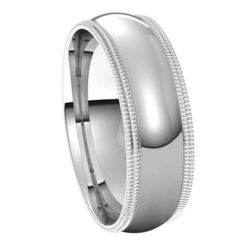 10K White Gold 6 mm double milgrain half round comfort fit Wedding Band