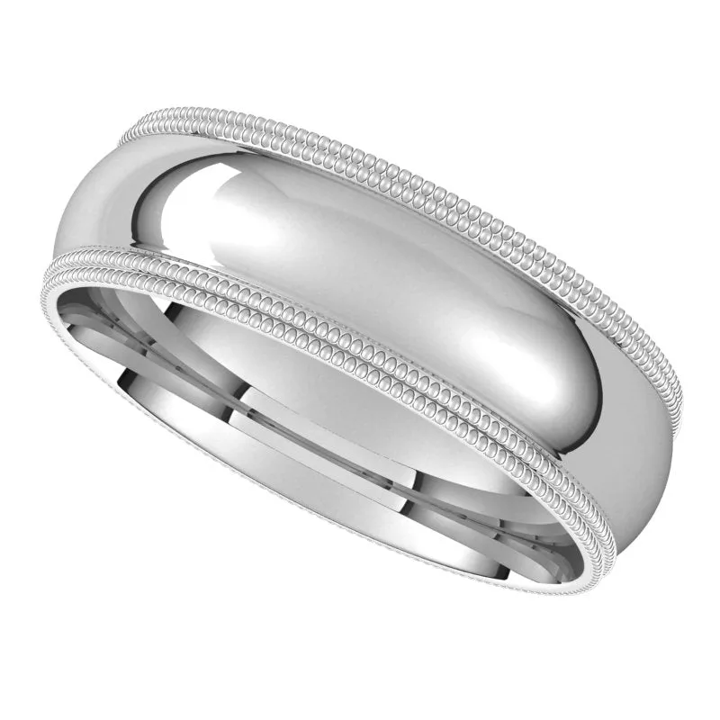 10K White Gold 6 mm double milgrain half round comfort fit Wedding Band