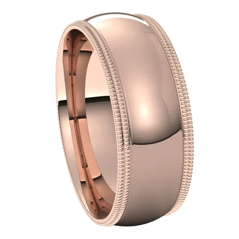 14K Rose Gold 7 mm double milgrain half round comfort fit Wedding Band