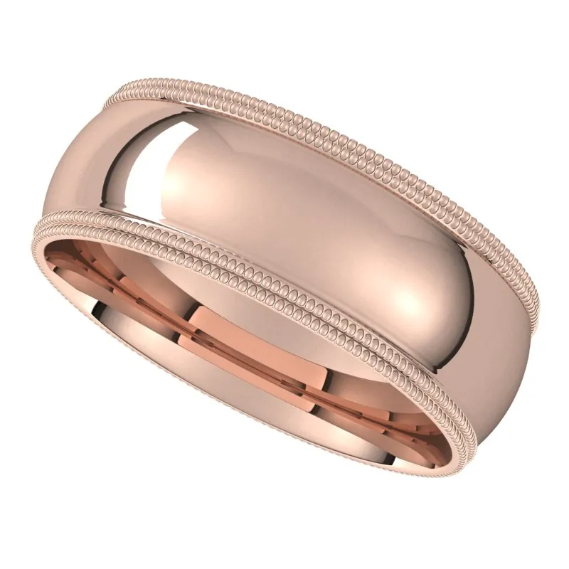 14K Rose Gold 7 mm double milgrain half round comfort fit Wedding Band