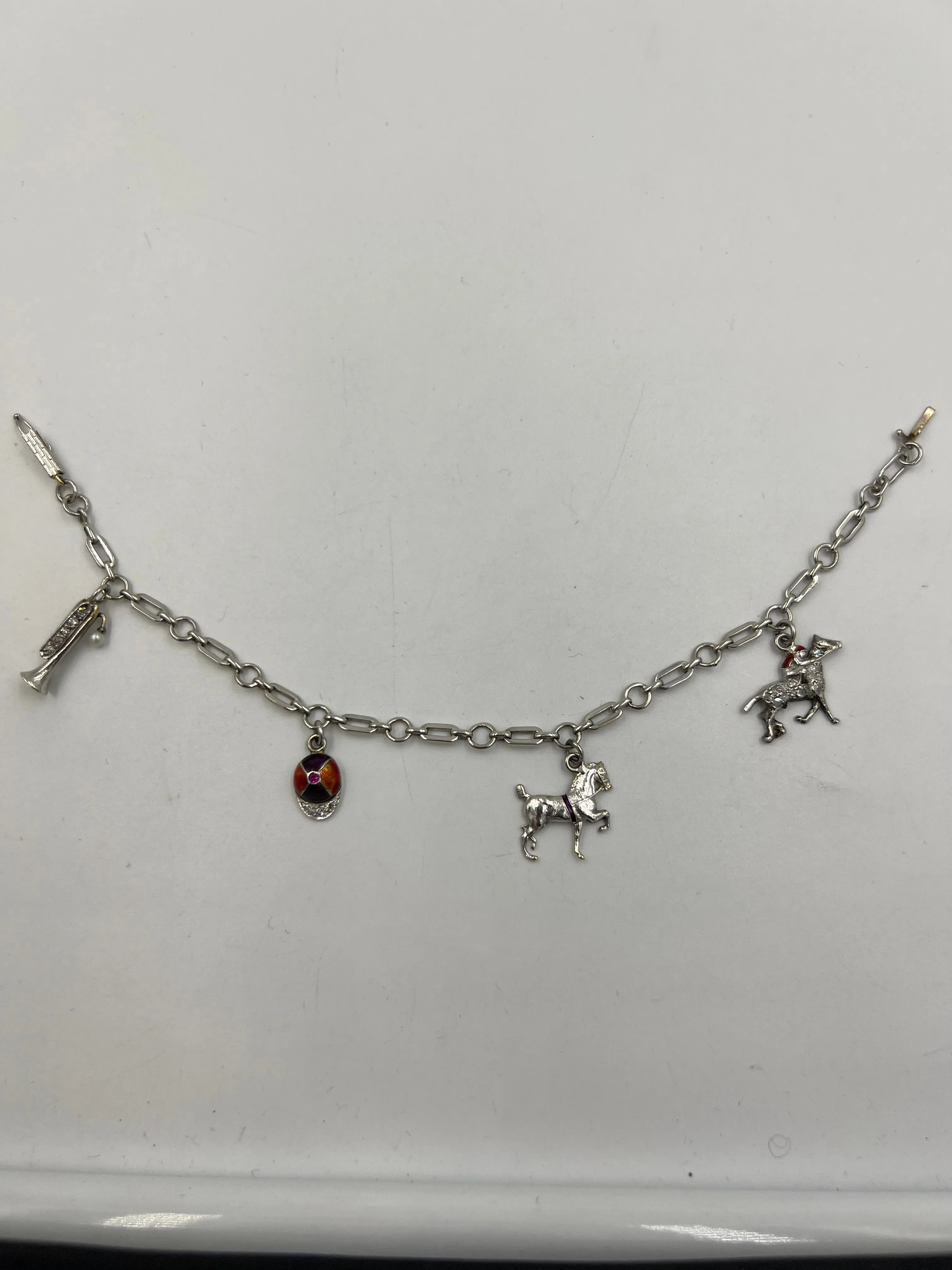 1930s Art Deco 4 Equestrian Charms White Gold Bracelet