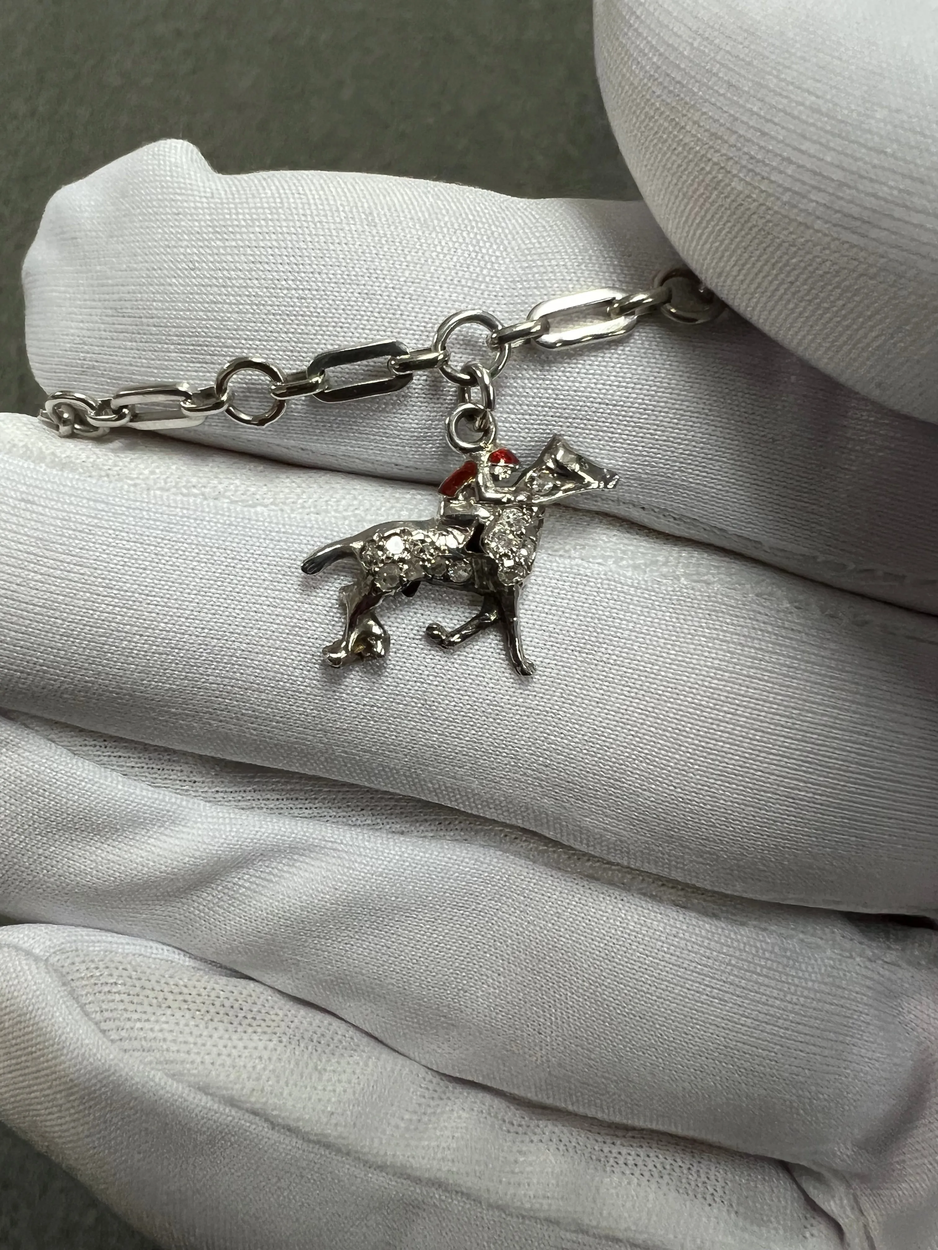 1930s Art Deco 4 Equestrian Charms White Gold Bracelet