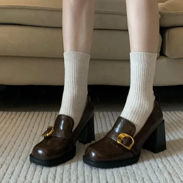 2025  Spring and Autumn British Wind One Pedal Loafers Square Head High Heel Small Leather Shoes Women's JK Shoes Thick Heel Single Shoes