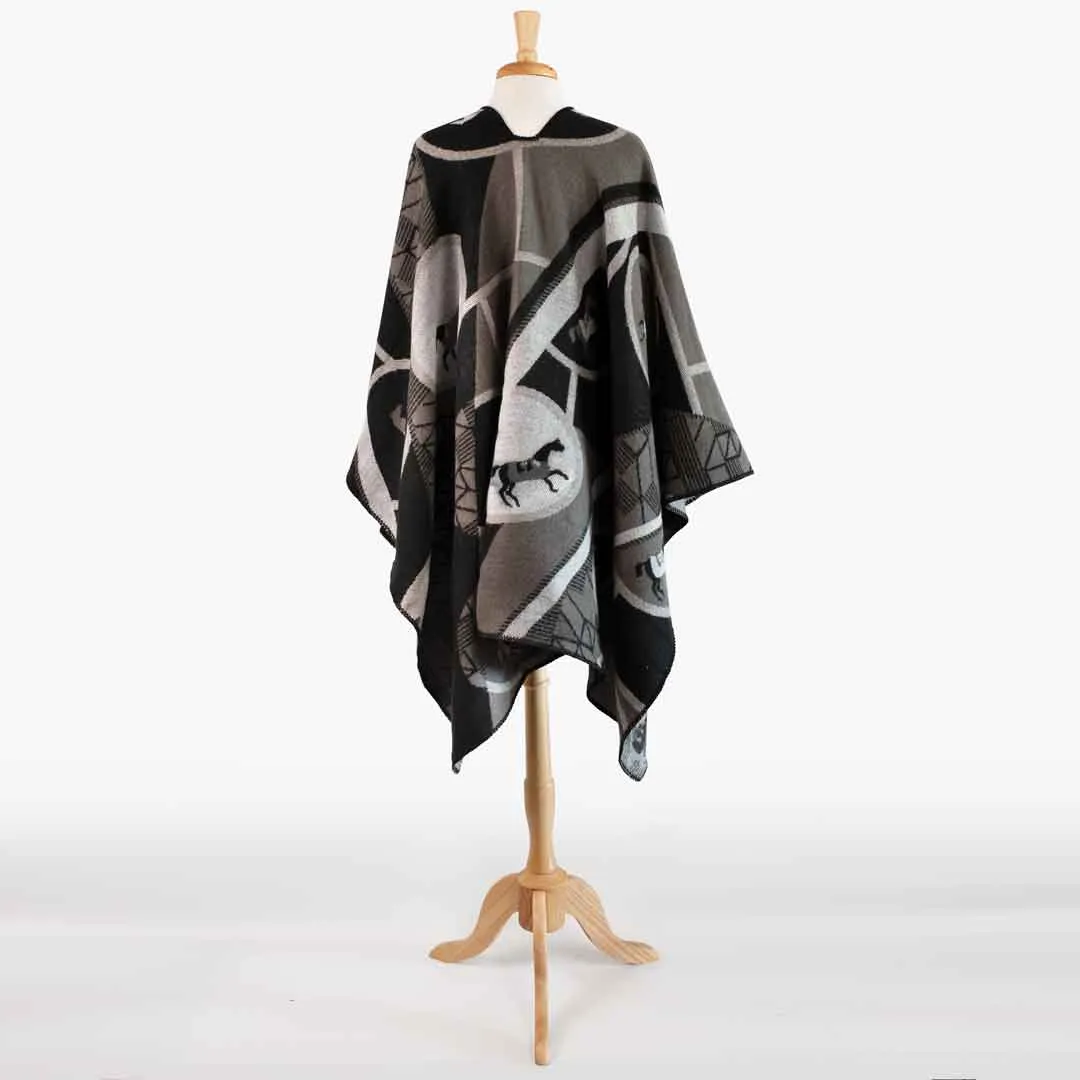 Adina -  Equestrian Motif Shawl in Charcoal Wrap