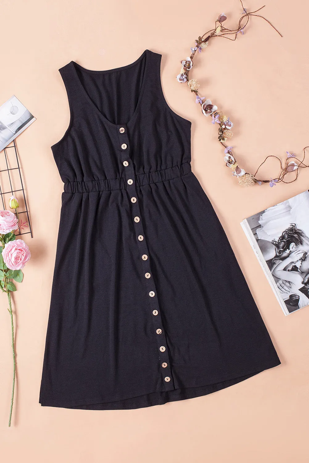 Black Buttons Sleeveless High Waist Mini Dress