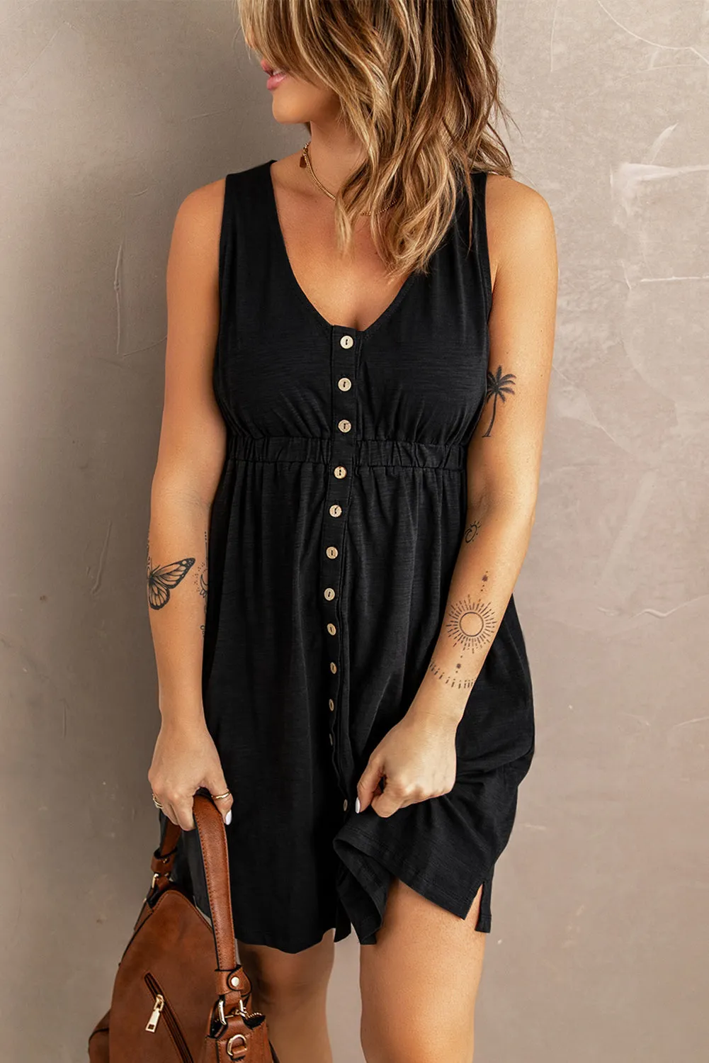 Black Buttons Sleeveless High Waist Mini Dress