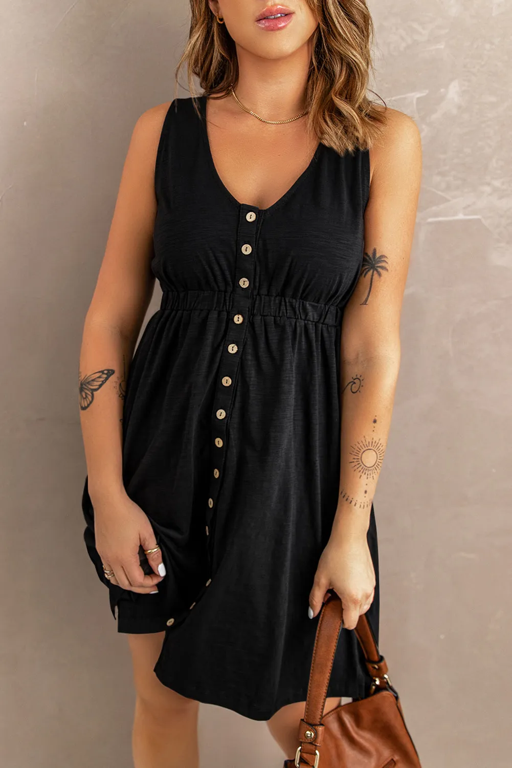 Black Buttons Sleeveless High Waist Mini Dress
