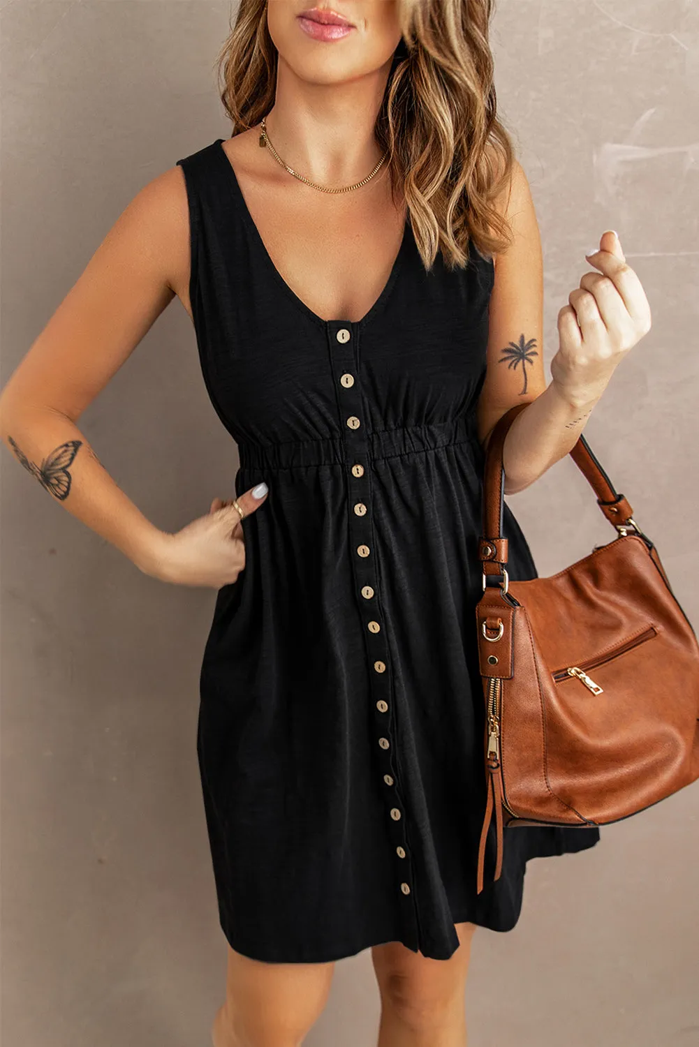 Black Buttons Sleeveless High Waist Mini Dress