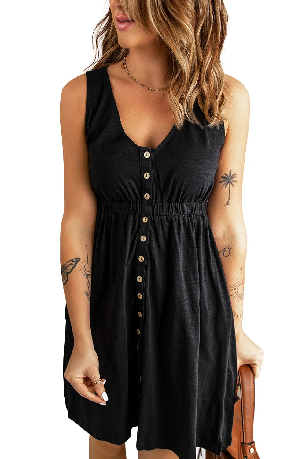 Black Buttons Sleeveless High Waist Mini Dress