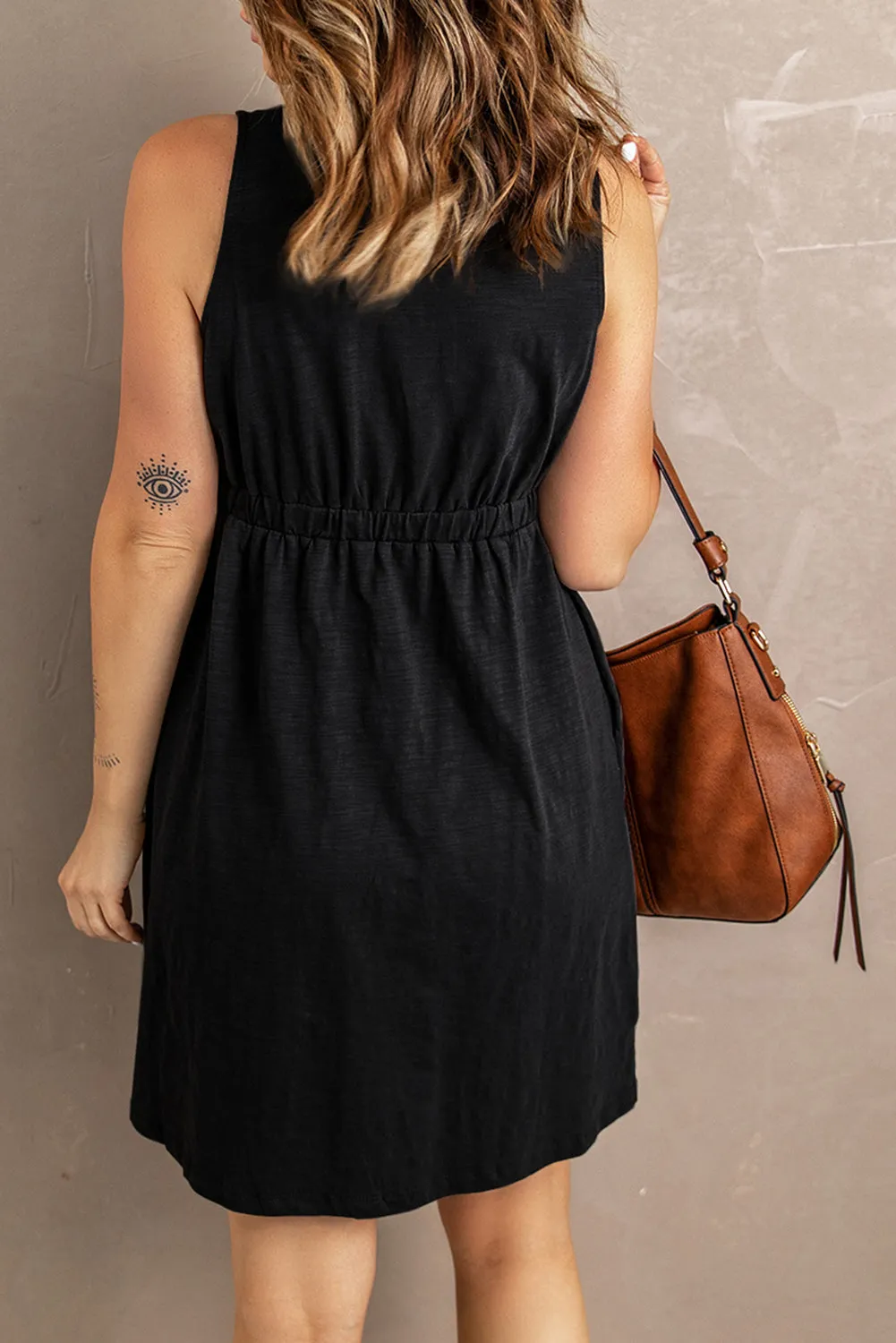 Black Buttons Sleeveless High Waist Mini Dress
