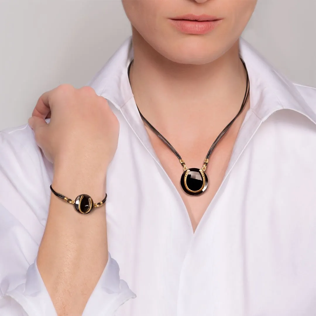 Black Onyx &  Leather 14K Gold Vermeil Horseshoe Necklace