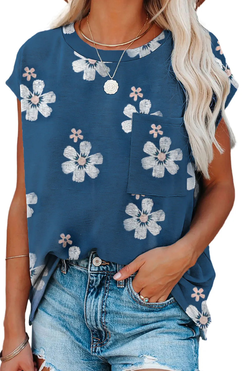 Blue Floral Cap Sleeve T-Shirt with Pocket