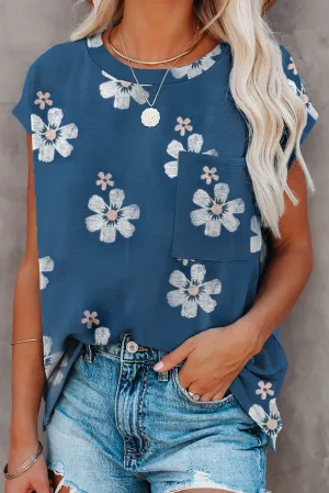Blue Floral Cap Sleeve T-Shirt with Pocket
