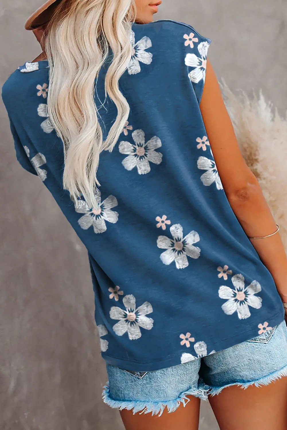 Blue Floral Cap Sleeve T-Shirt with Pocket
