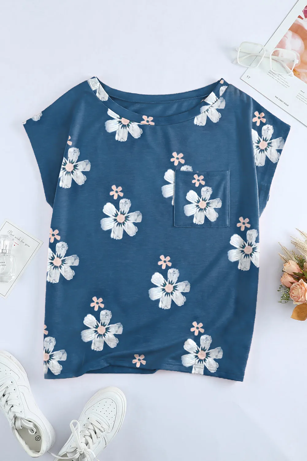 Blue Floral Cap Sleeve T-Shirt with Pocket