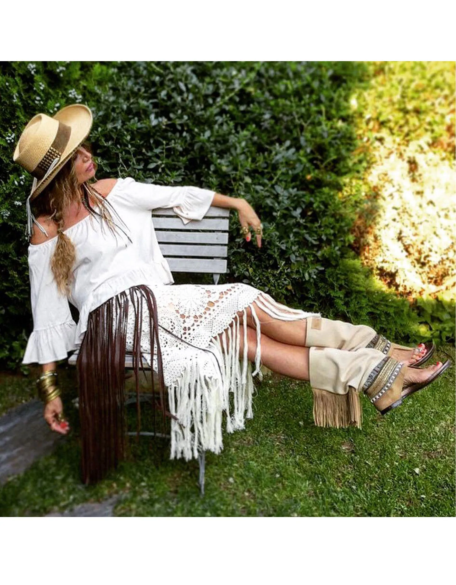 Boho High Boot Sandals - Beige