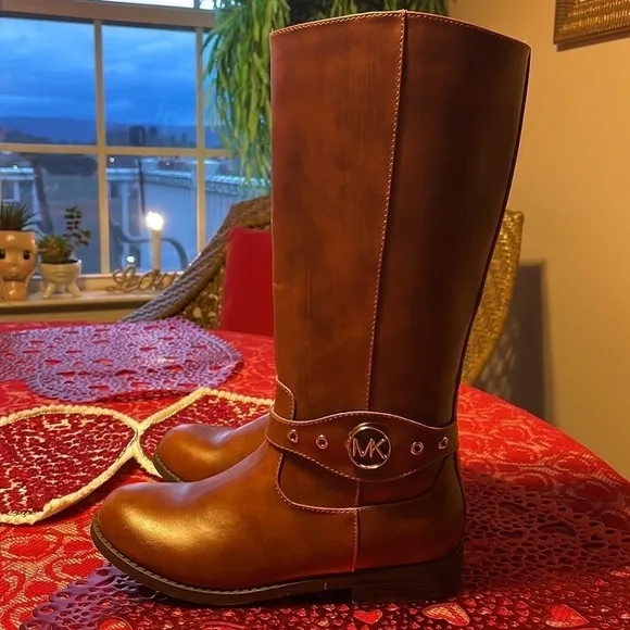 Brand New Michael Kors Girls Emma Heather Zippered Tall Riding Boots in Cognac