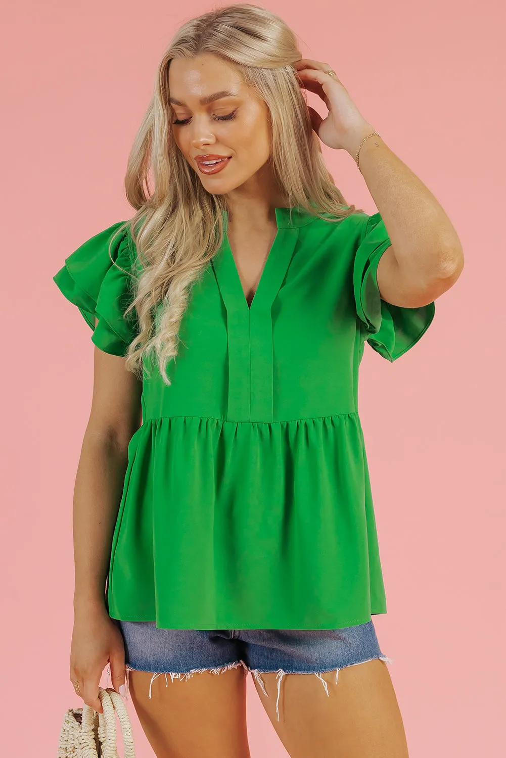 Bright Green Double Ruffle Sleeve Split V Neck Peplum Blouse