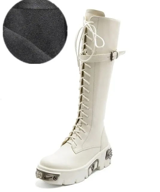 Buckle Thick Bottom Boots Women Fashion Mid-Calf Round Toe Botas Mujer Platform Zipper Plus Cross Lace-Up Stivali
