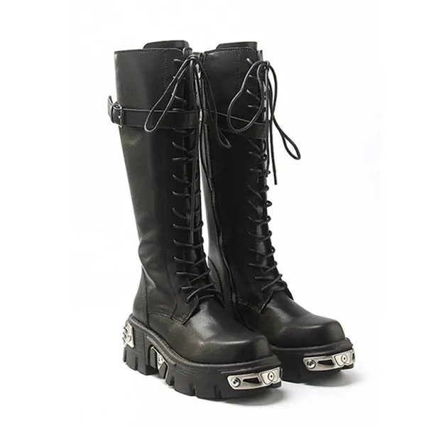 Buckle Thick Bottom Boots Women Fashion Mid-Calf Round Toe Botas Mujer Platform Zipper Plus Cross Lace-Up Stivali