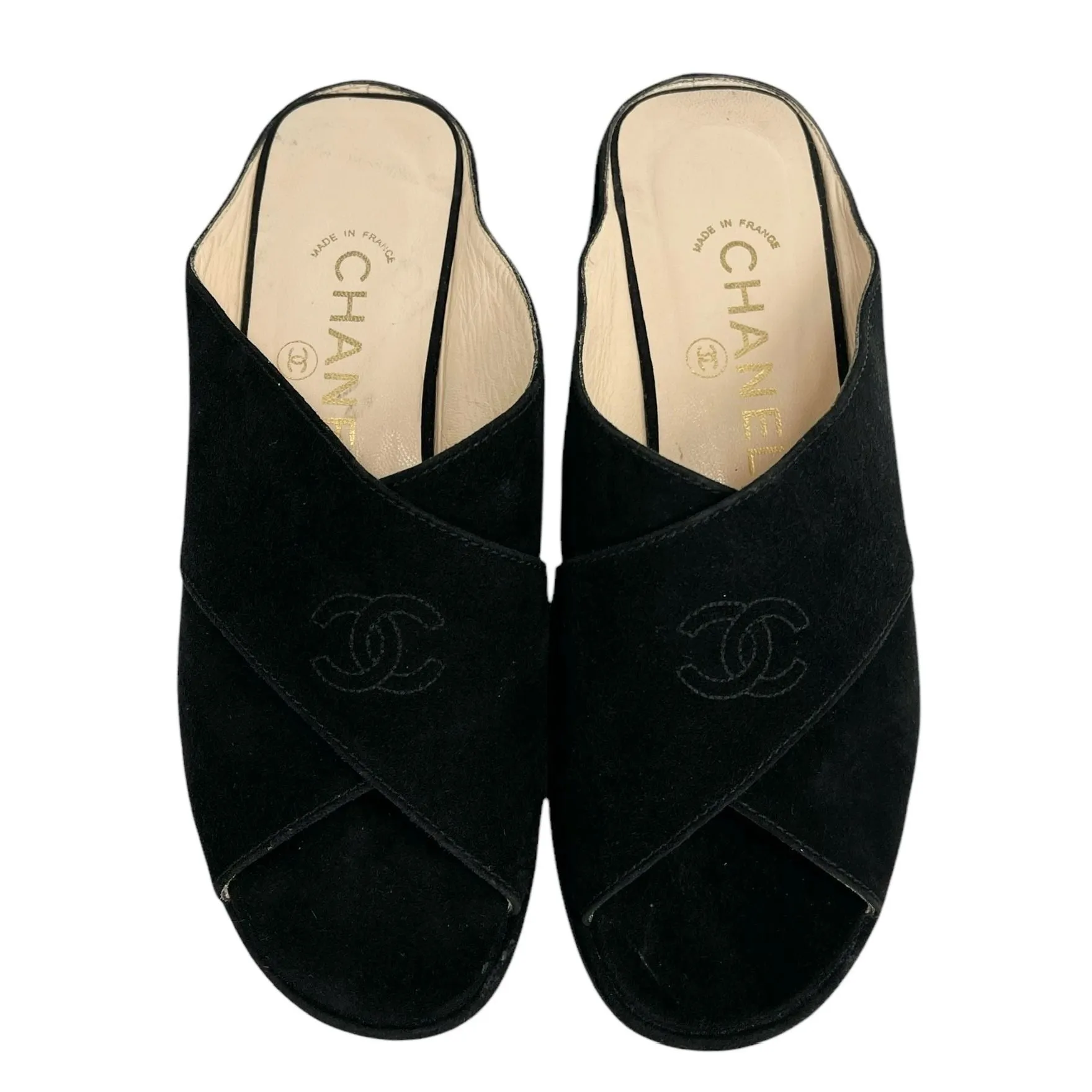 Chanel Black Suede Chunky Logo Sandals