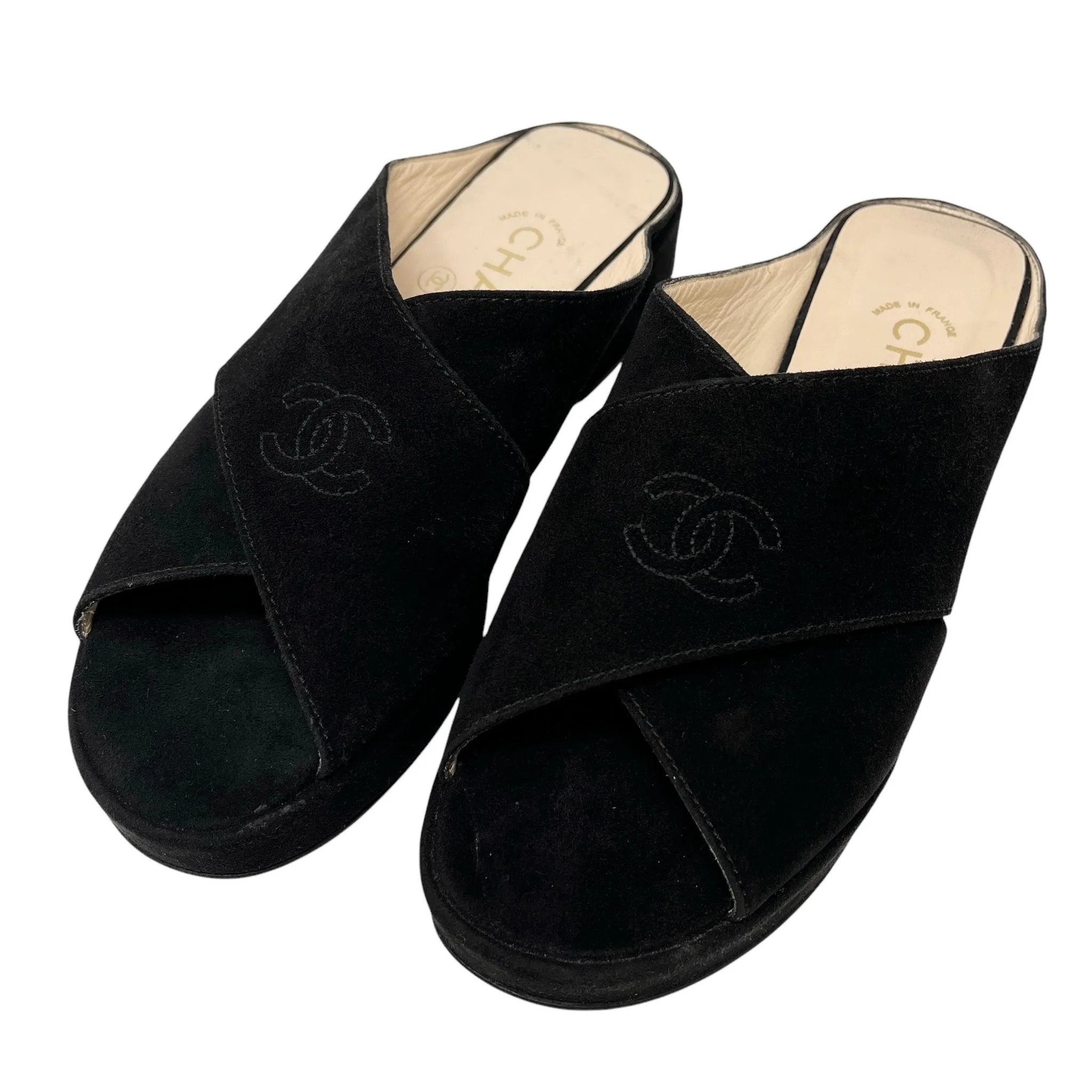 Chanel Black Suede Chunky Logo Sandals