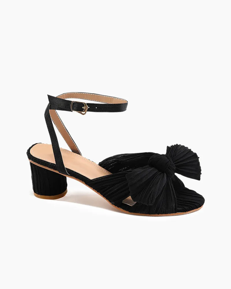(Clean Up) Pleated Bow Open Toe Chunky Block Slingback Heel Sandals
