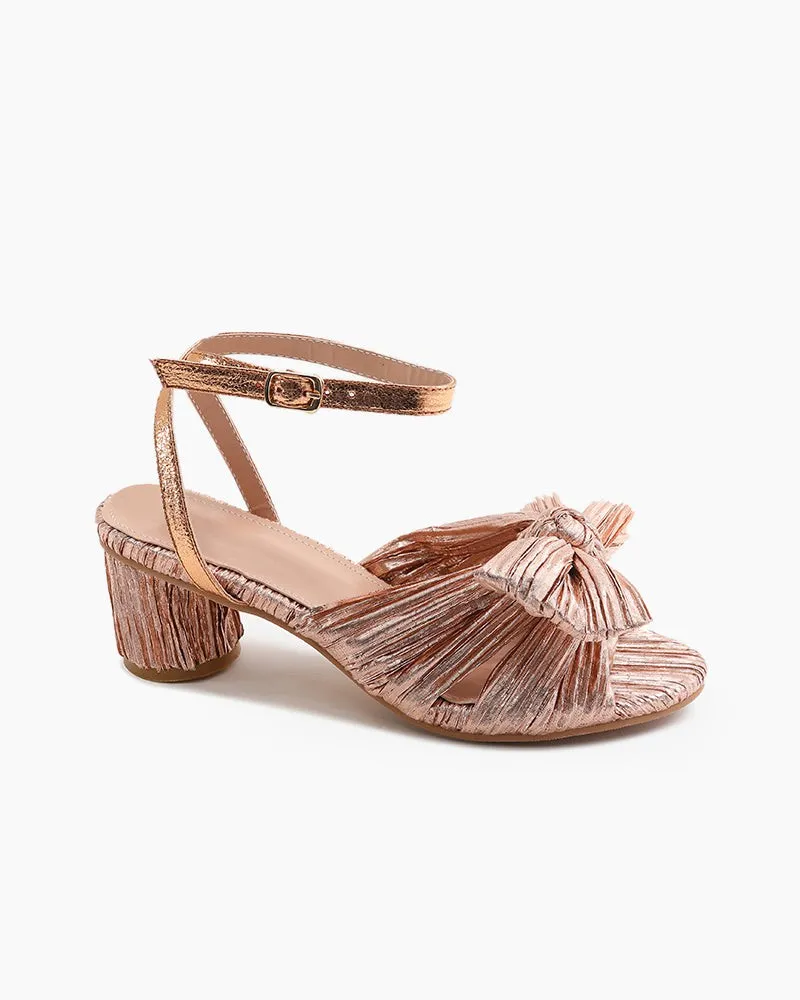 (Clean Up) Pleated Bow Open Toe Chunky Block Slingback Heel Sandals