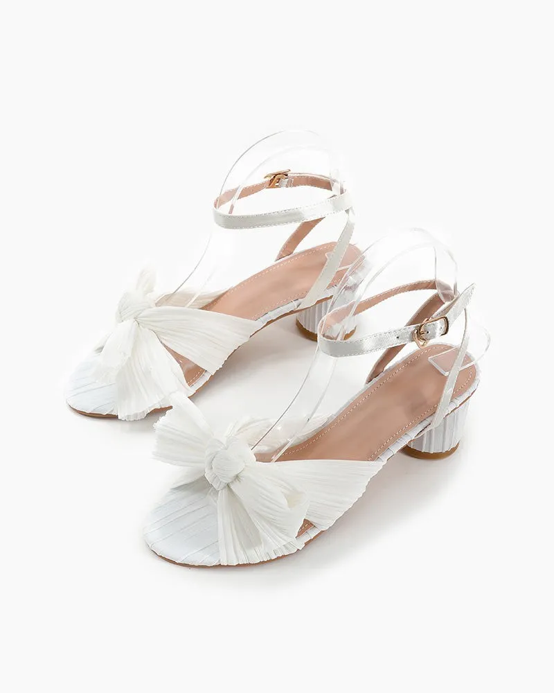 (Clean Up) Pleated Bow Open Toe Chunky Block Slingback Heel Sandals