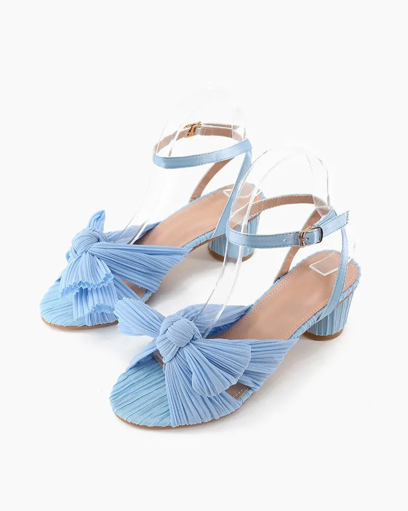 (Clean Up) Pleated Bow Open Toe Chunky Block Slingback Heel Sandals