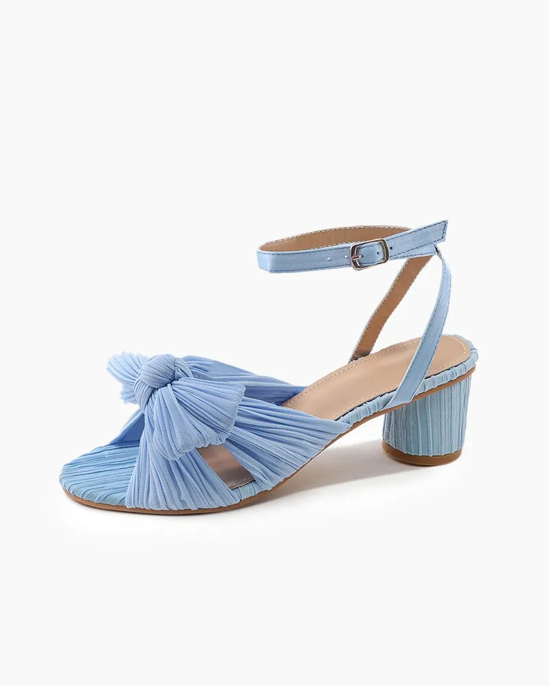 (Clean Up) Pleated Bow Open Toe Chunky Block Slingback Heel Sandals