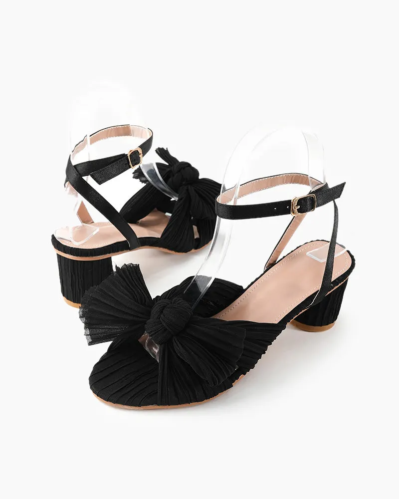 (Clean Up) Pleated Bow Open Toe Chunky Block Slingback Heel Sandals