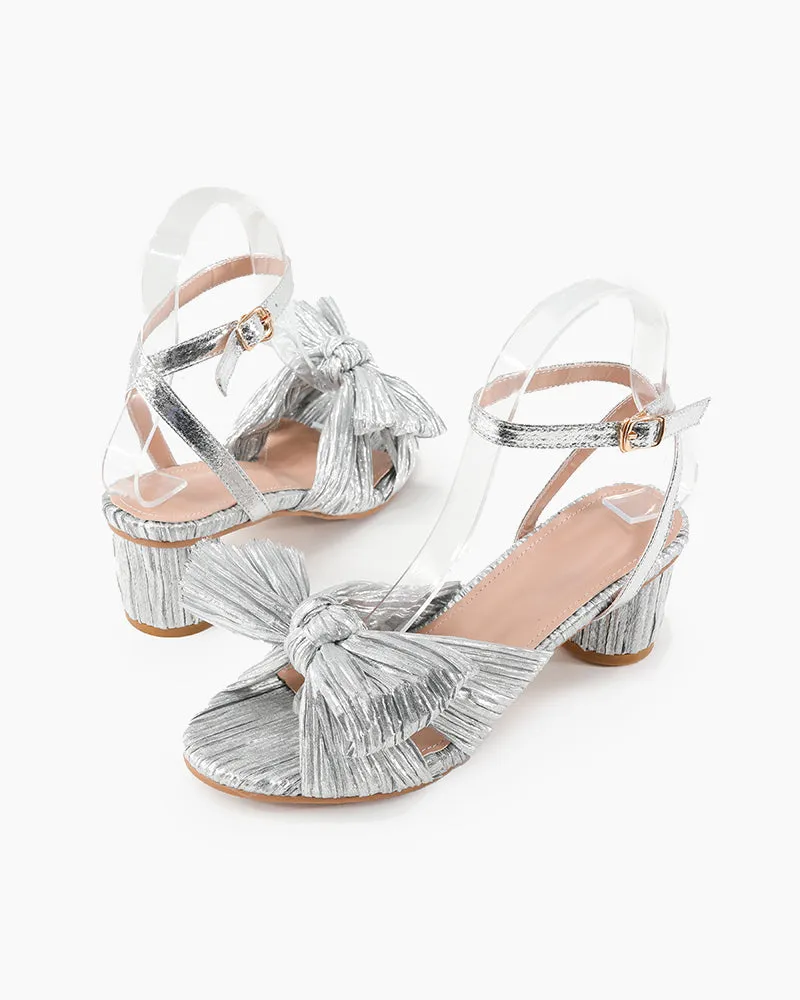 (Clean Up) Pleated Bow Open Toe Chunky Block Slingback Heel Sandals