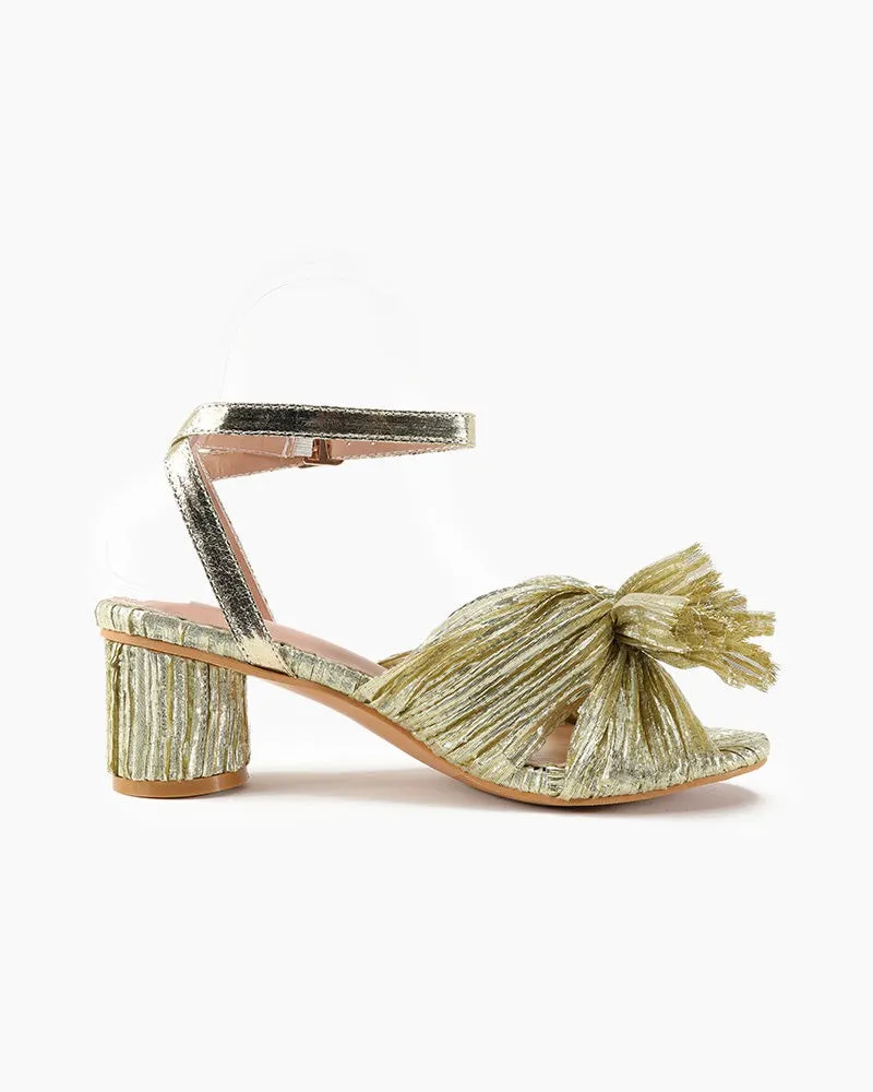 (Clean Up) Pleated Bow Open Toe Chunky Block Slingback Heel Sandals