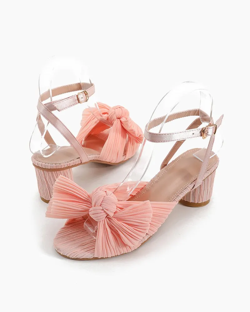 (Clean Up) Pleated Bow Open Toe Chunky Block Slingback Heel Sandals