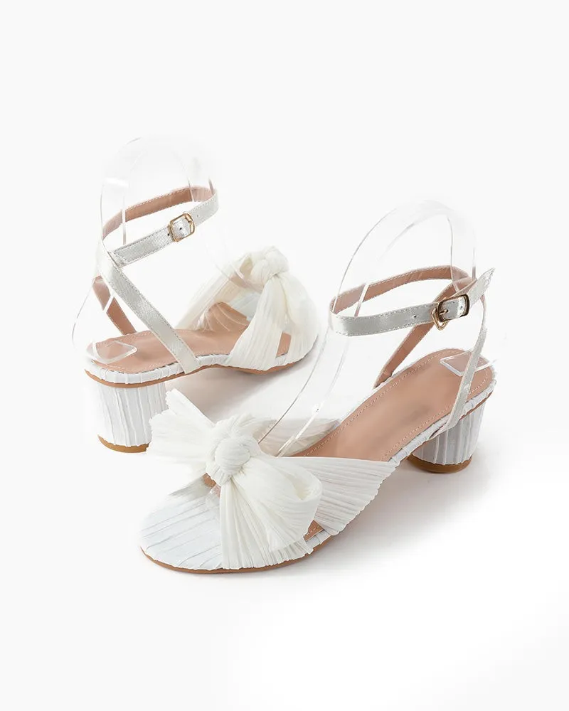 (Clean Up) Pleated Bow Open Toe Chunky Block Slingback Heel Sandals