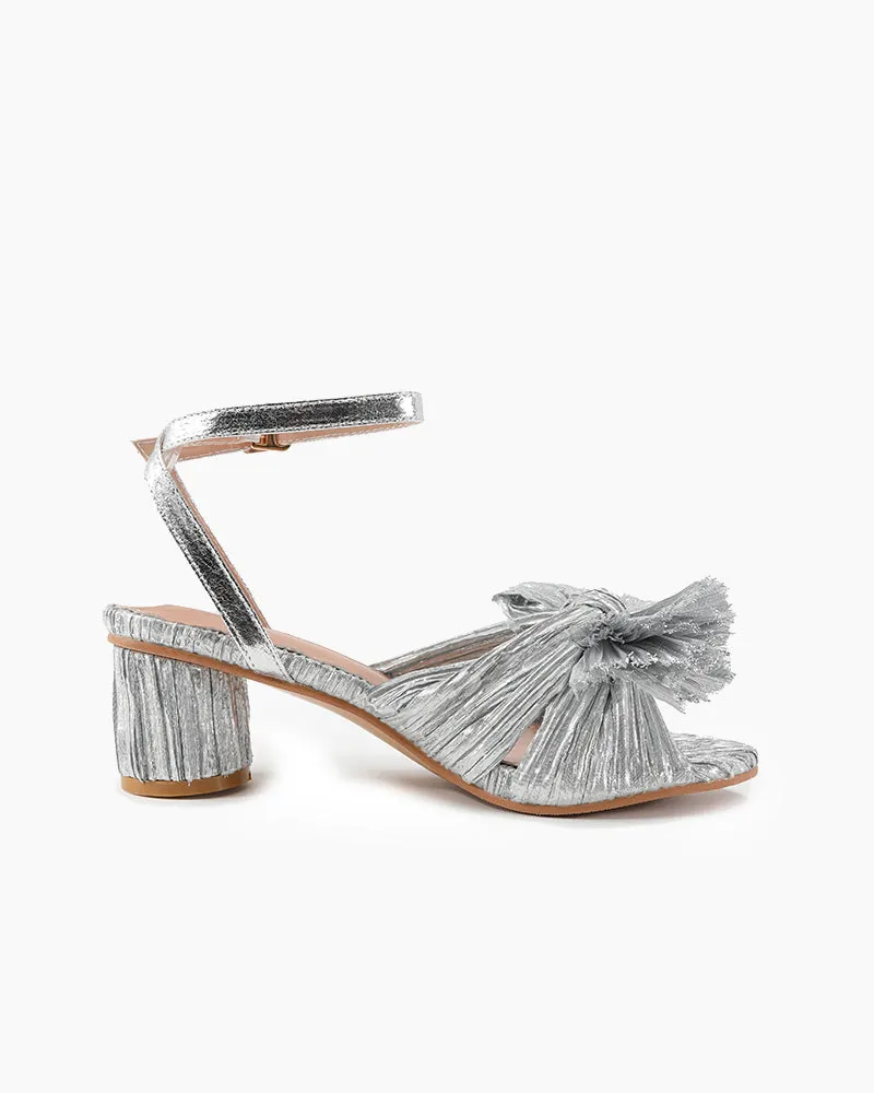 (Clean Up) Pleated Bow Open Toe Chunky Block Slingback Heel Sandals