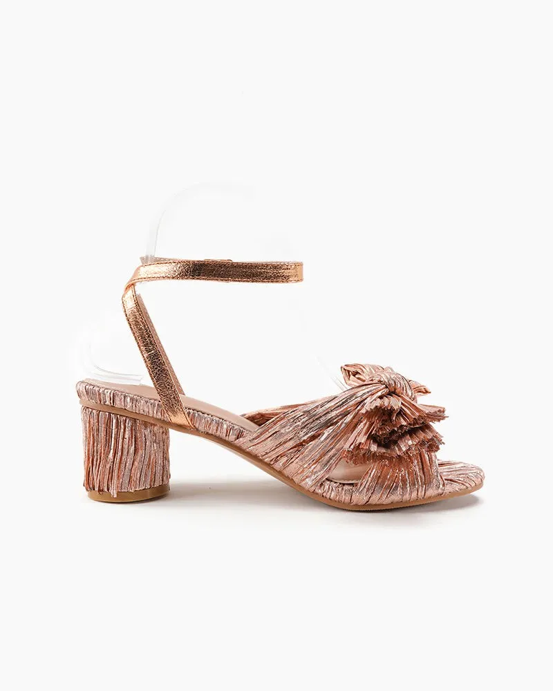 (Clean Up) Pleated Bow Open Toe Chunky Block Slingback Heel Sandals