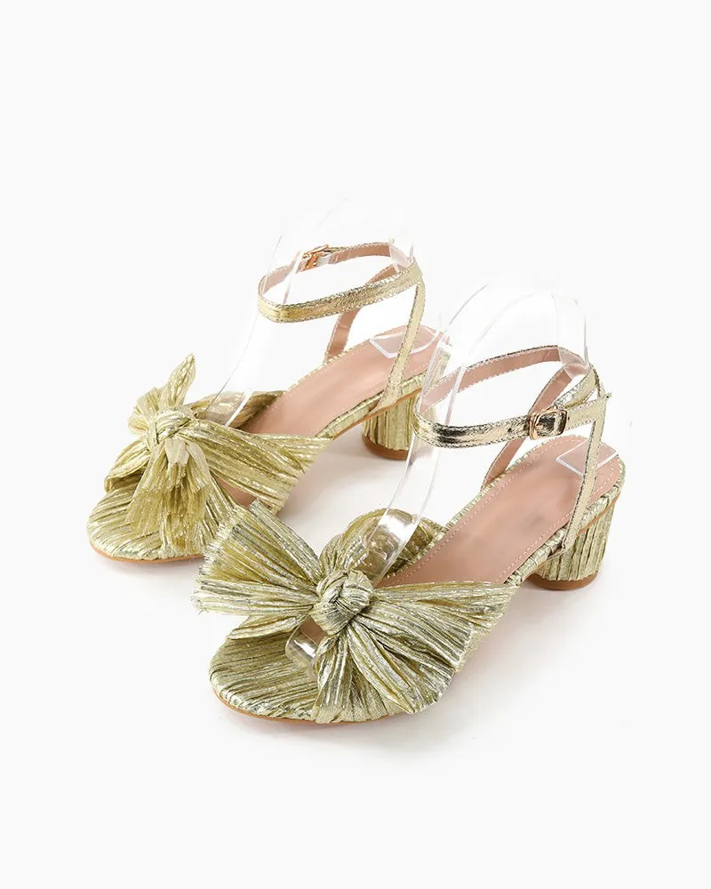(Clean Up) Pleated Bow Open Toe Chunky Block Slingback Heel Sandals