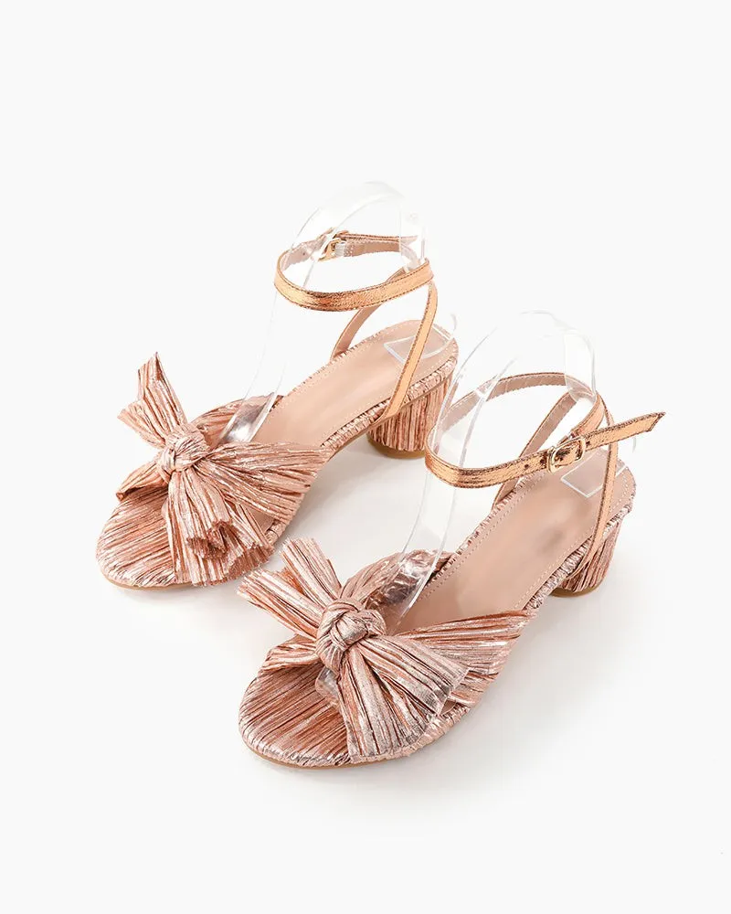 (Clean Up) Pleated Bow Open Toe Chunky Block Slingback Heel Sandals