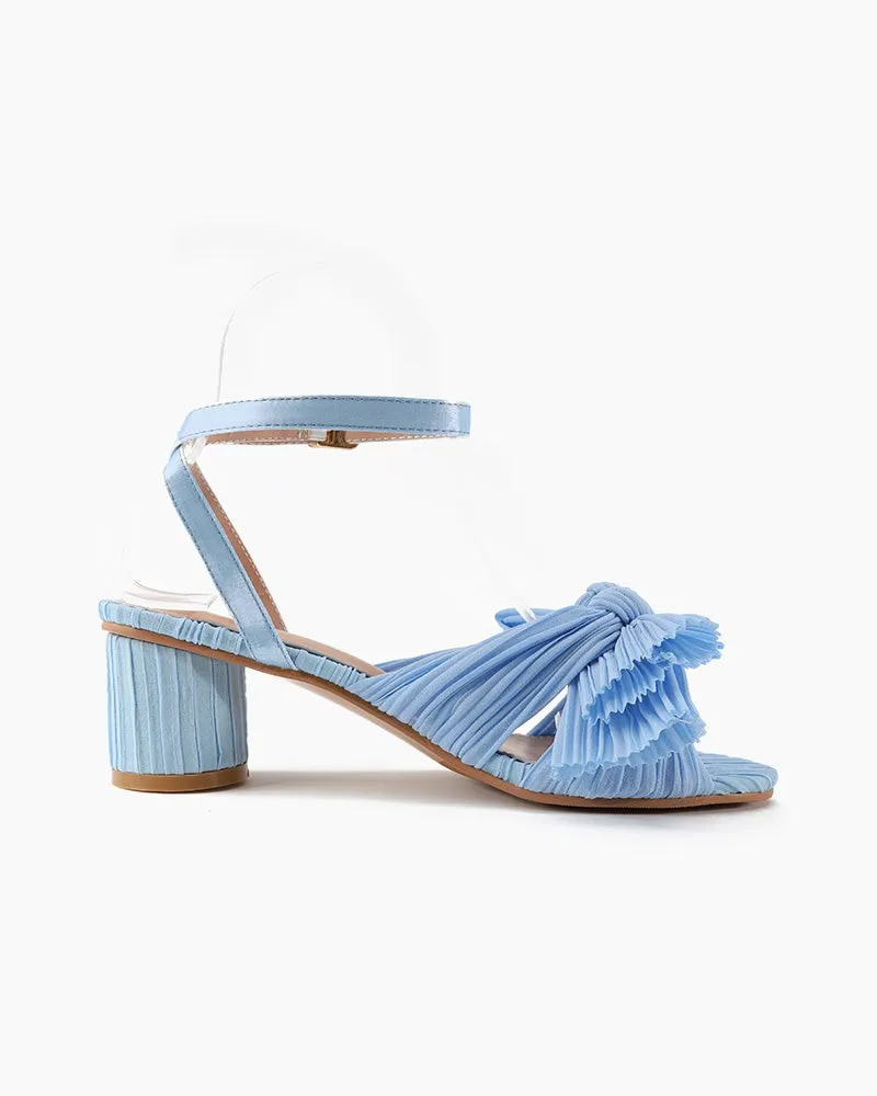(Clean Up) Pleated Bow Open Toe Chunky Block Slingback Heel Sandals