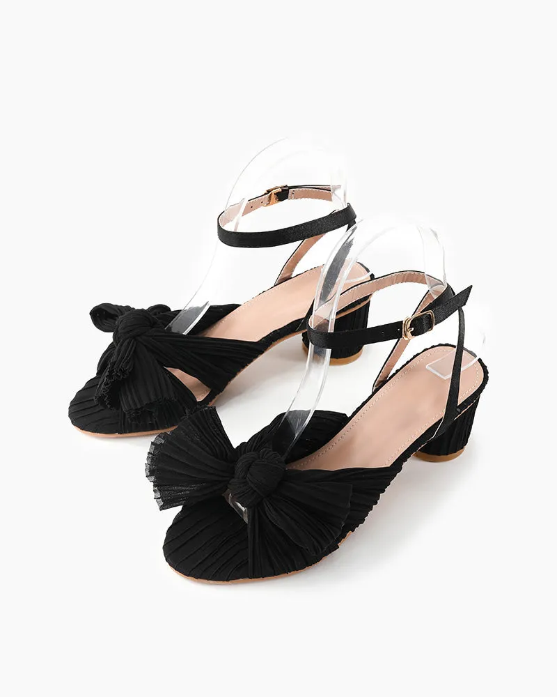 (Clean Up) Pleated Bow Open Toe Chunky Block Slingback Heel Sandals