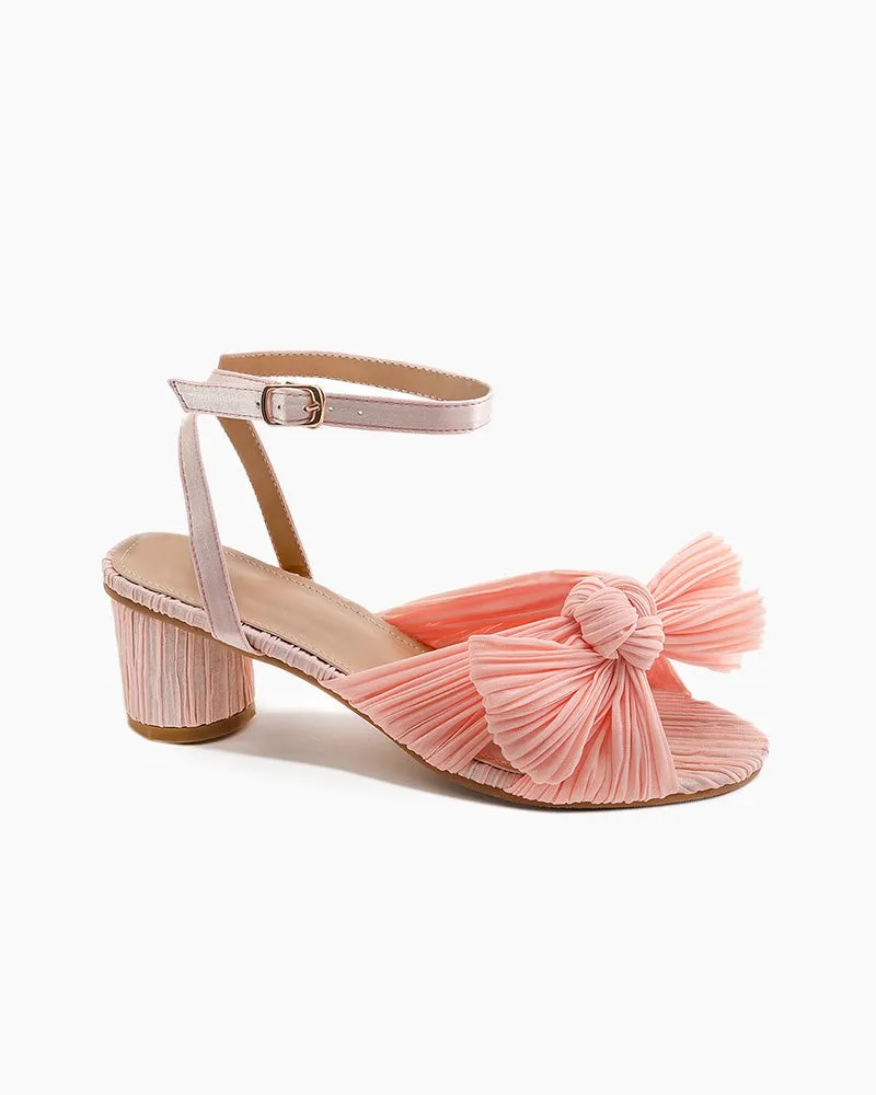 (Clean Up) Pleated Bow Open Toe Chunky Block Slingback Heel Sandals