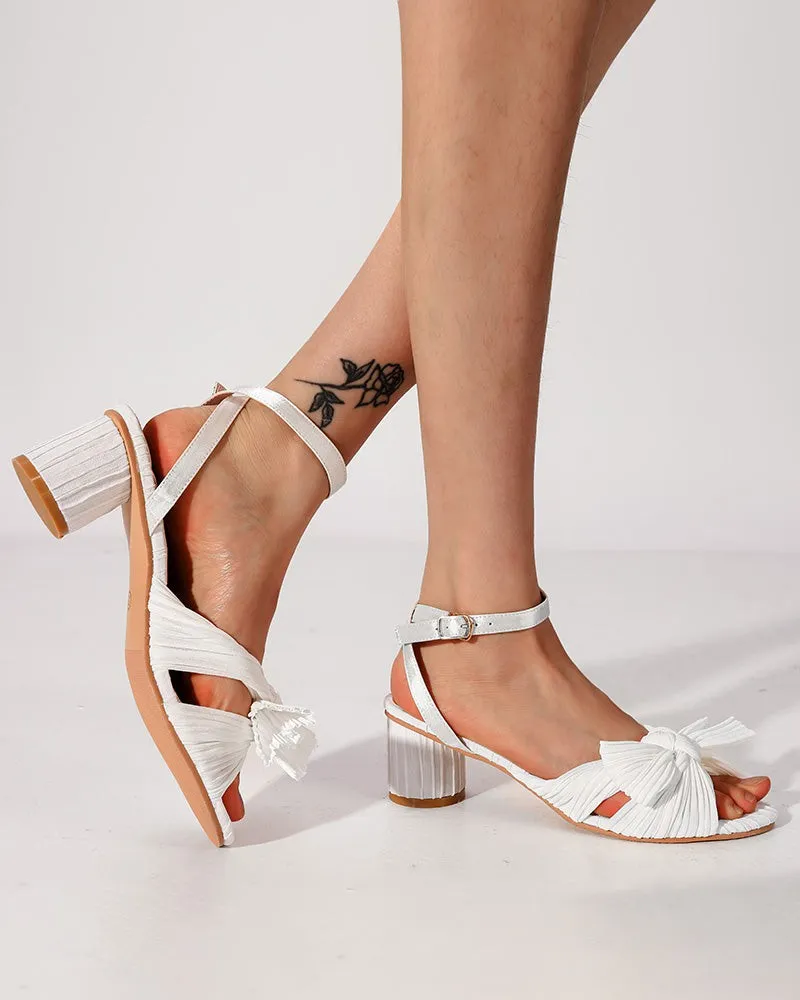 (Clean Up) Pleated Bow Open Toe Chunky Block Slingback Heel Sandals