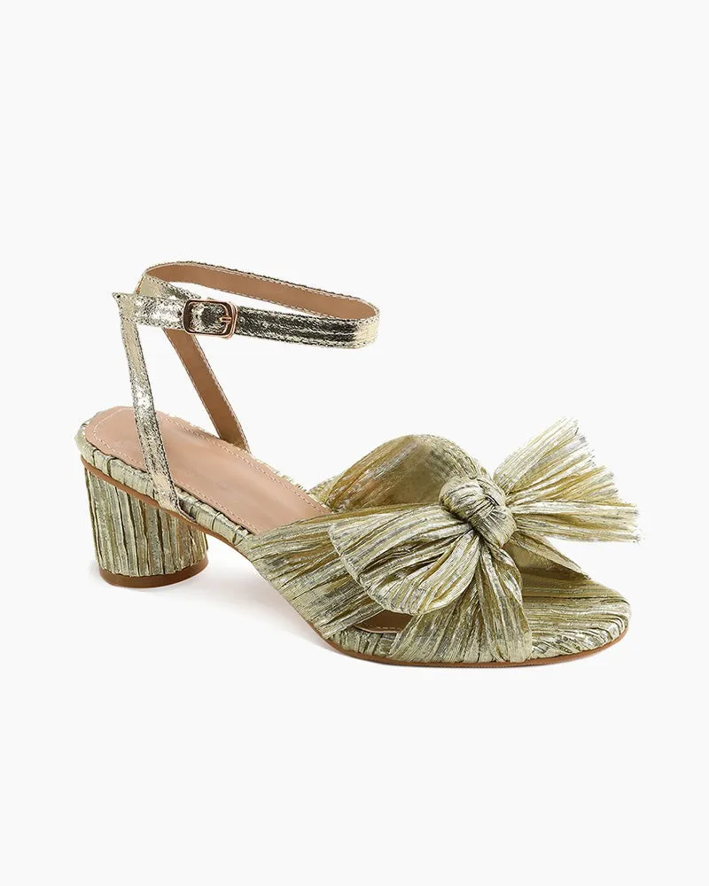 (Clean Up) Pleated Bow Open Toe Chunky Block Slingback Heel Sandals