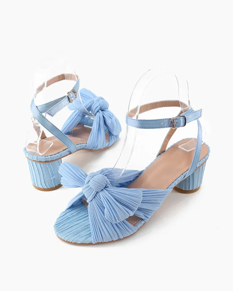 (Clean Up) Pleated Bow Open Toe Chunky Block Slingback Heel Sandals