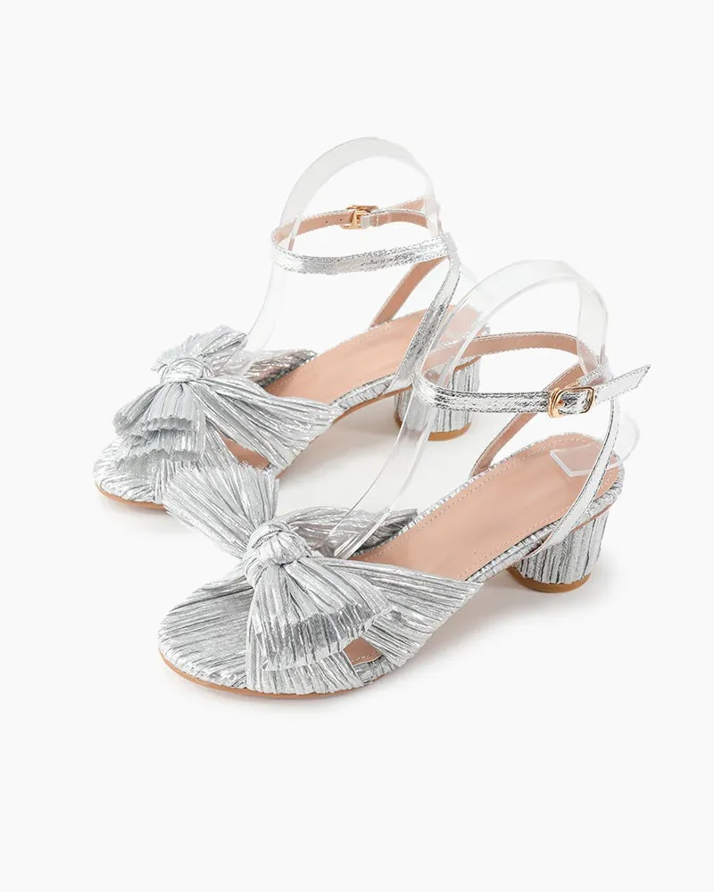(Clean Up) Pleated Bow Open Toe Chunky Block Slingback Heel Sandals