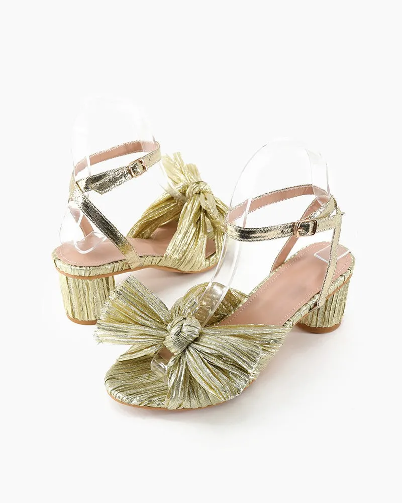 (Clean Up) Pleated Bow Open Toe Chunky Block Slingback Heel Sandals