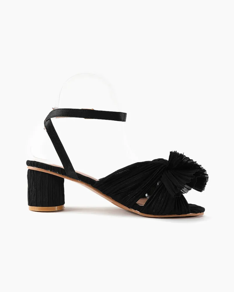 (Clean Up) Pleated Bow Open Toe Chunky Block Slingback Heel Sandals
