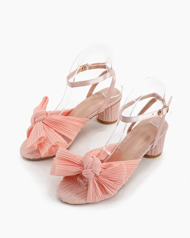 (Clean Up) Pleated Bow Open Toe Chunky Block Slingback Heel Sandals